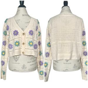 SO | Women | Floral Daisy Crochet Pointelle Knit Cropped Cardigan | Medium